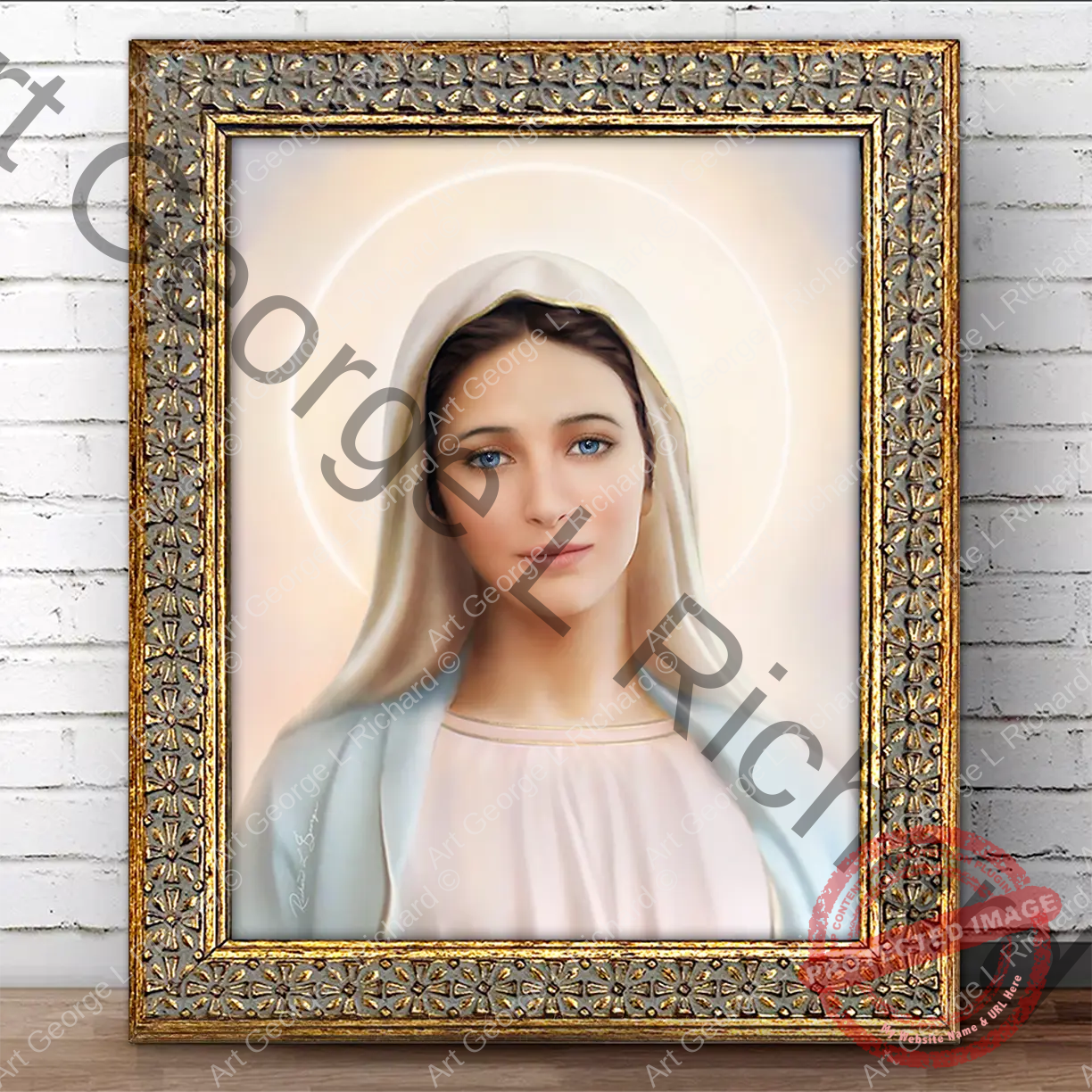 Our Blessed Mother Medjugorje BLUE EYES Gold frame with crosses Display Image