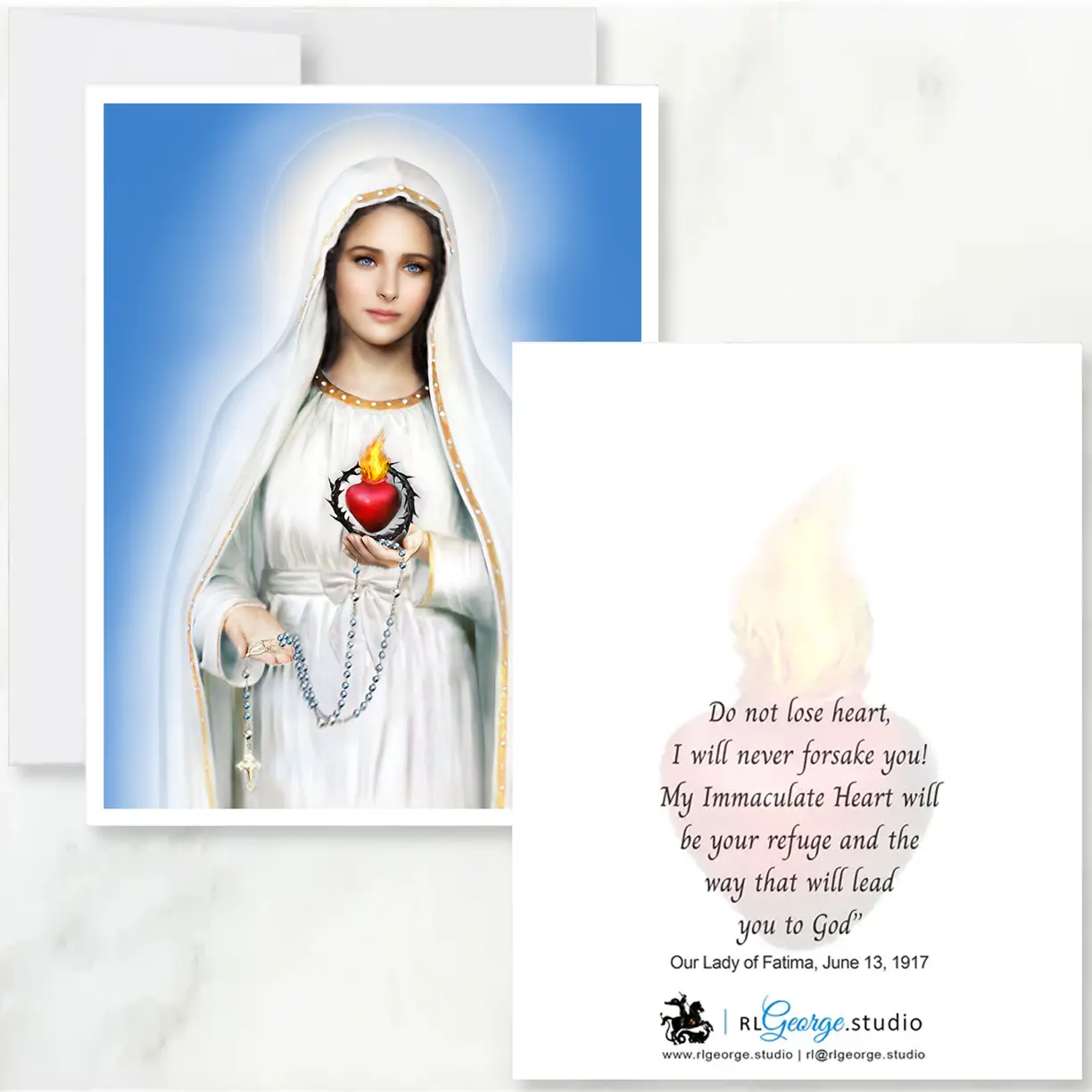 Our Lady of Fatima Note Card Front with back of card message Do Not Loose Heart Display Image