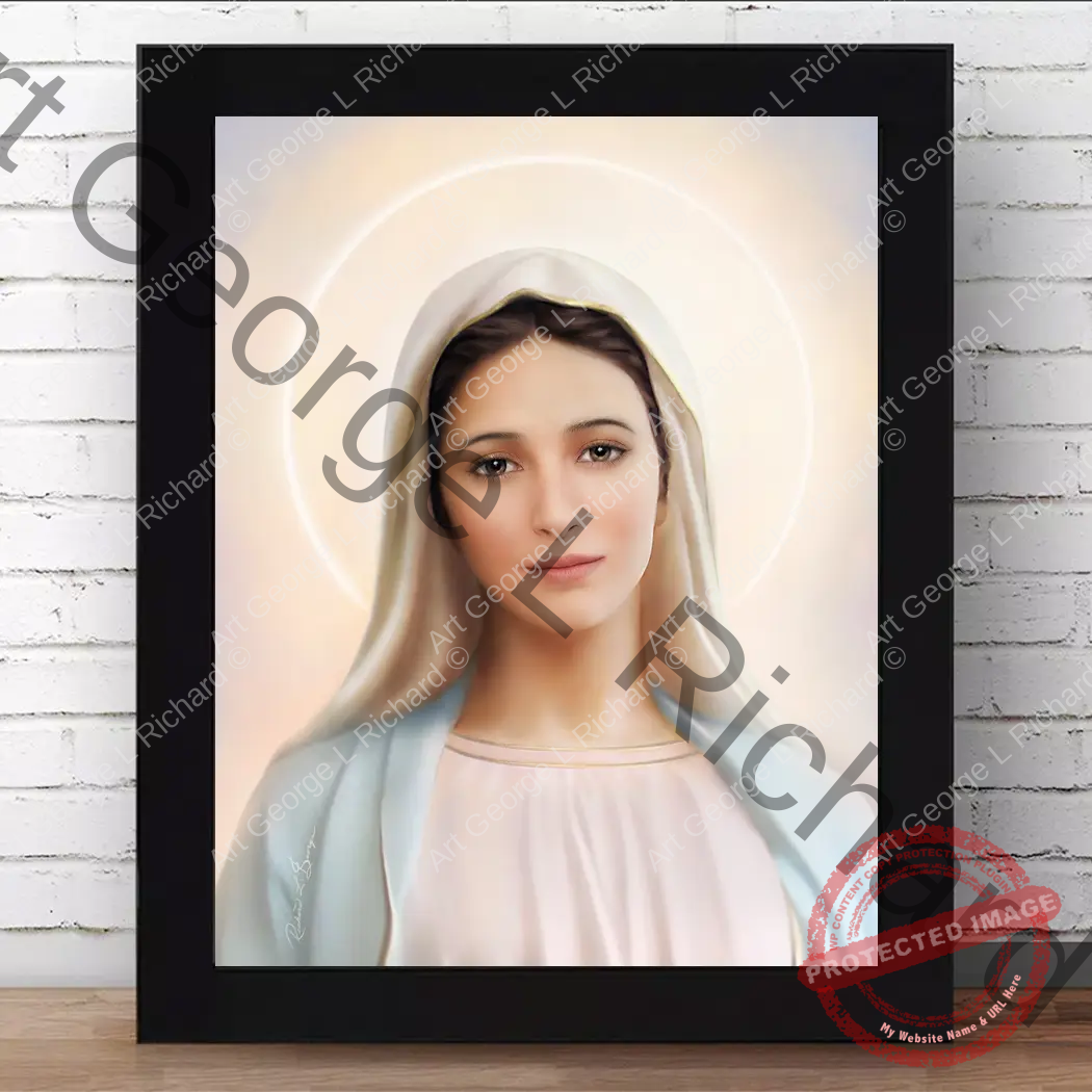 Image Our Lady of Meddjugorje Tihaljina with Brown Eyes in a Black Frame.