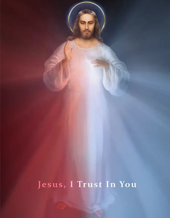 The Divine Mercy Image After the Vilnius Image with new Rays by artist Richard L George