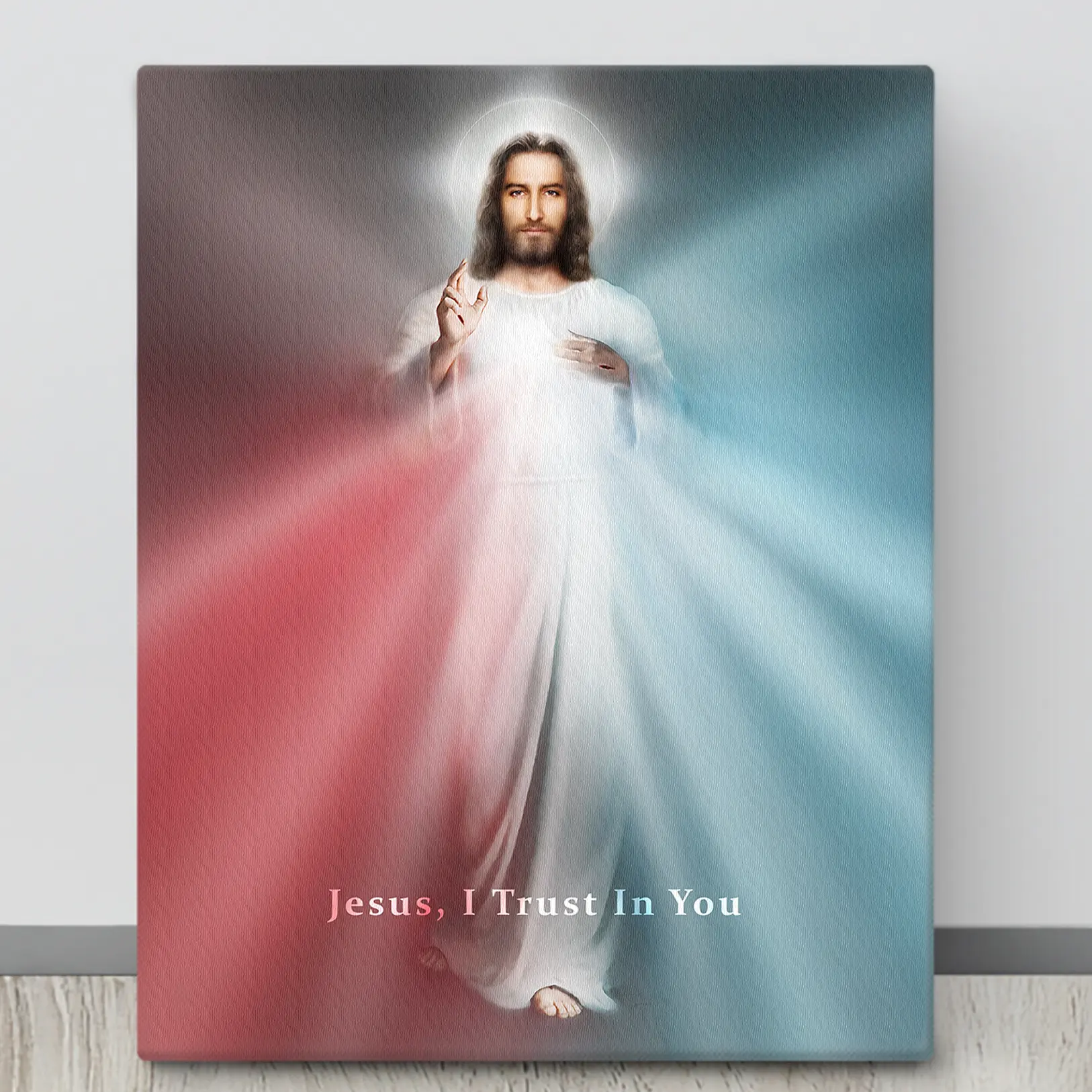 This is The Divine Mercy Image by artist Richard L George pictured here as a canvas print