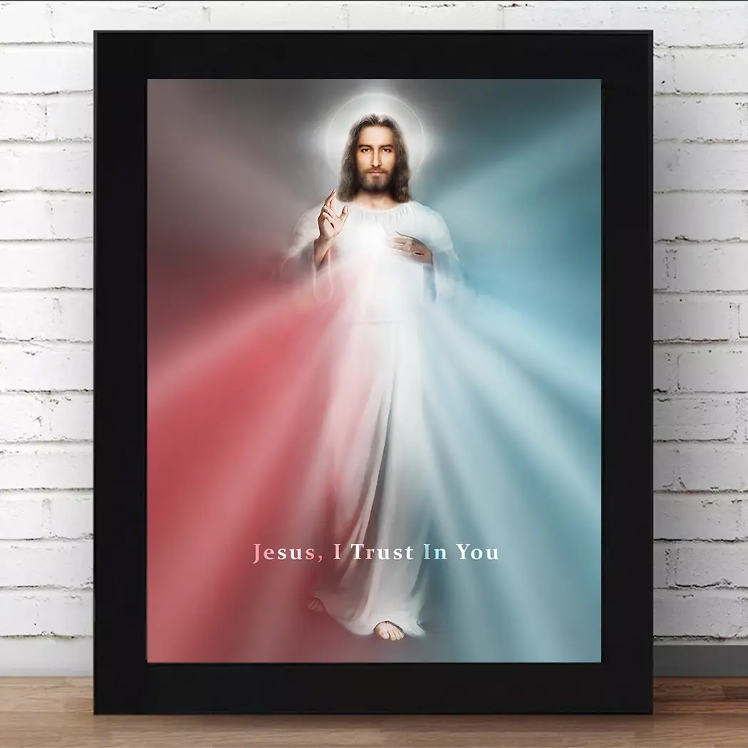 The Divine Mercy Image by artist Richard L George pictured-here as a framed print